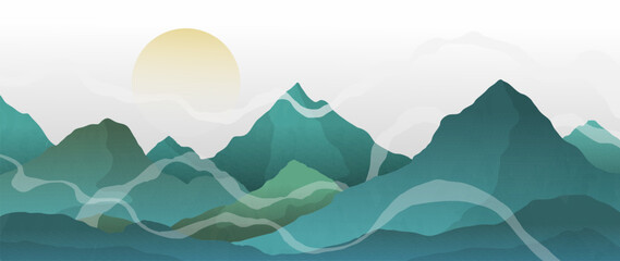 Abstract mountain art vector. Oriental luxury blue mountains landscape design with watercolor brush and texture, white mist. Wallpaper design, Wall art for home decor and prints.