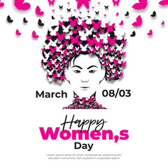 International 8 march happy women's day design with face with butterflies