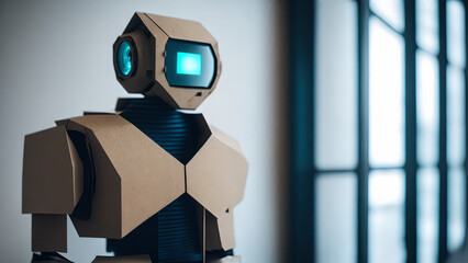 humanoid cardboard robot with teal color monitor on face standing in white room next to hall with windows as blury background, generative AI