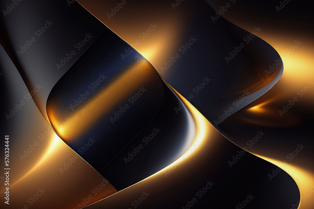 Poster luxurious chic black abstract 3d background with intertwined golden metallic waves. ai generated.