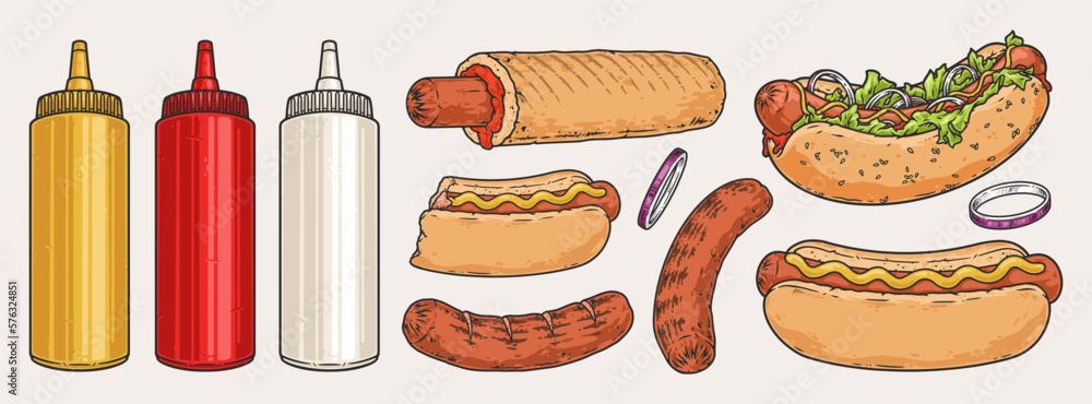 Poster hot dog emblems set colorful