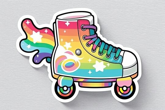 Adorable rainbow wheeled roller skate sticker with a throwback vibe. In the style of girly y2k stickers popular in the 1990s and 2000s. Generative AI