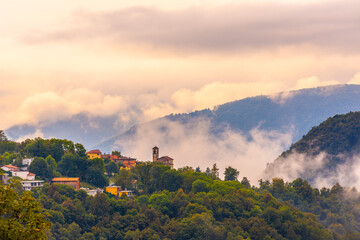 Alpine Village Aranno in the Clouds with Mountain View in Ticino, Switzerland.