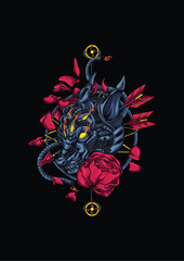 hand drawn wolf and rose mechanical