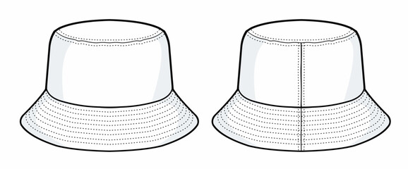 Bucket hat technical fashion illustration. hat template vector illustration. front and back view. white colour. CAD mock-up. - obrazy, fototapety, plakaty