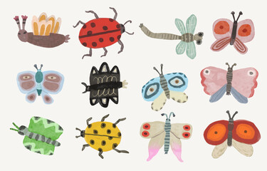 Naklejka premium Butterflys dragonfly and ladybug. watercolor painting vector of cute insect. isolated animal illustration.