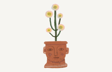 Flowers blooming in the vase of human head. Concept art of mind, life, nature, hope, freedom and mental health. watercolor painting vector. minimal illustration. conceptual artwork. blossom