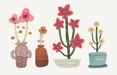 Watercolor flowers in vase and pot, vector illustration collection. cute nature. isolated on white background, hand drawn floral