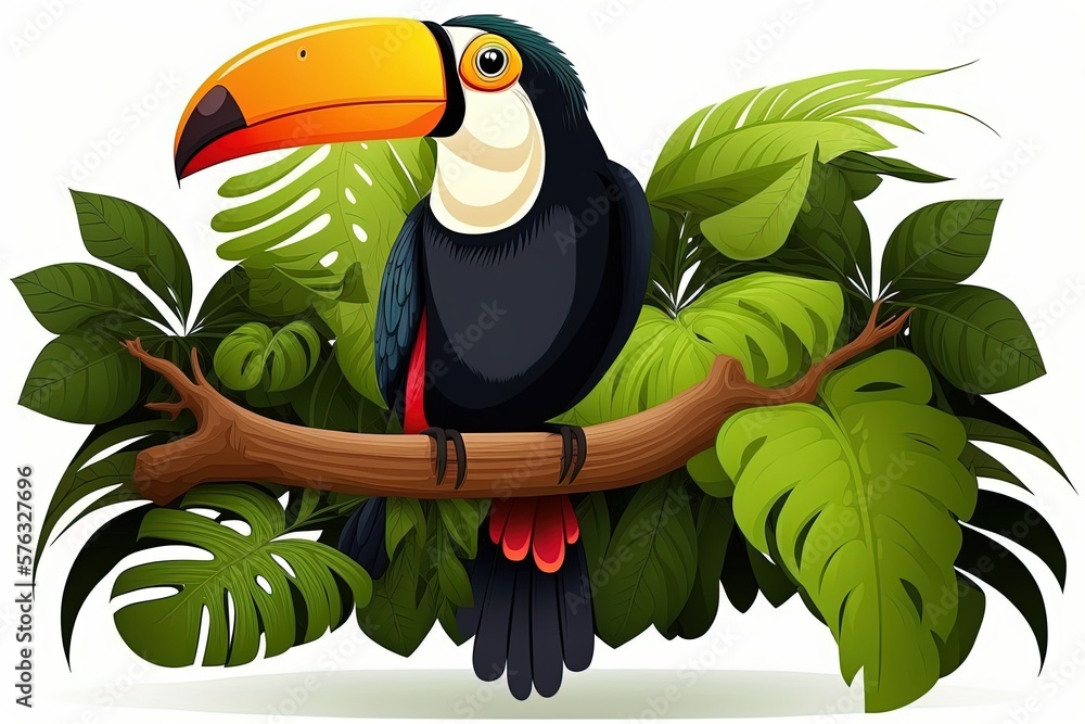 Poster a toucan perched on a branch in the jungle. generative ai