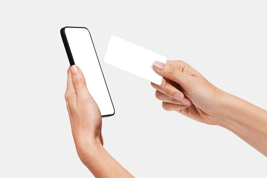 Woman Paying With A Credit Card In A Terminal That Is A Mobile Phone, NFC Wireless Payments, Contactless