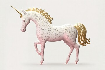 Unicorn made of pink glitter, embellished in gold and white. A mystical, surrealist aesthetic. Simplified structure. Generative AI