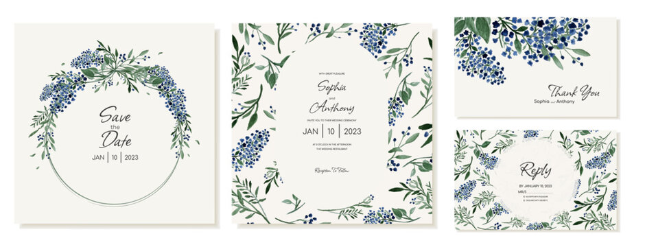 A set of rustic square wedding invitations with field blue flowers and leaves. Vector template