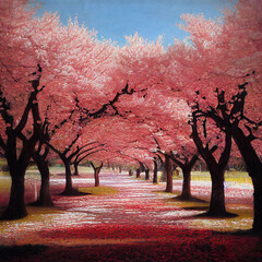 renaissance oil painting of cherry blossom sakura street made with generative ai