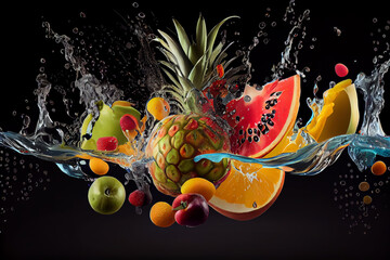 Assorted Fruits Splashing into Water with splashes on Black Background. Generative AI