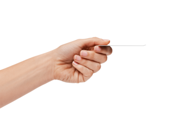 Woman's hand handing over card or paying with card or giving card,   isolated on white background