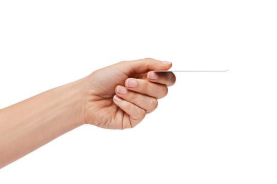 Woman's hand handing over card or paying with card or giving card,   isolated on white background