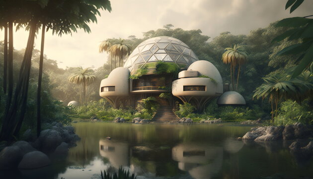geodesic dome resort in remote jungle on river, made with generative ai