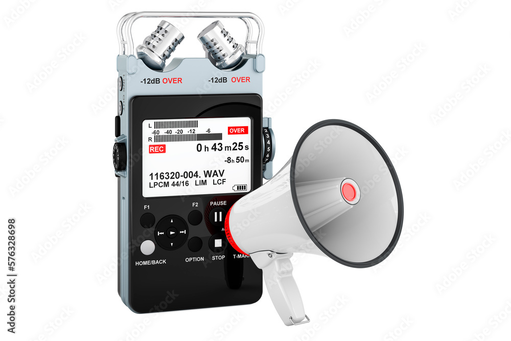 Poster megaphone with digital voice recorder, 3d rendering