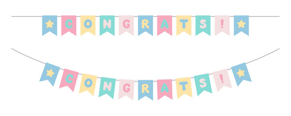 Cute pastel congrats bunting set. Bright colorful flags on rope. Can be used for card, invitation, border. Isolated vector and PNG illustration on transparent background.	