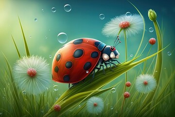 The lovely ladybug rests on a blurred field of dandelions. Generative AI