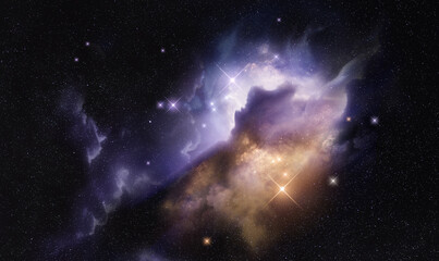 A distant glowing space nebula with new stars being formed. Photo Composition.