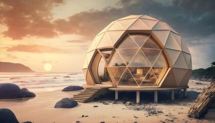 geodesic dome resort in on remote beach, made with generative ai - obrazy, fototapety, plakaty