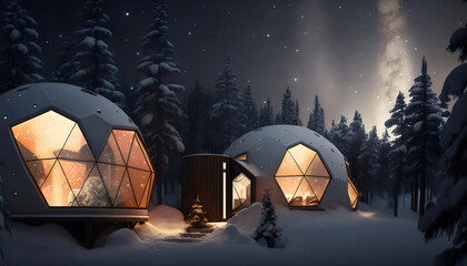 two geodesic domes in remote snow landscape with northern lights, made with generative ai - obrazy, fototapety, plakaty