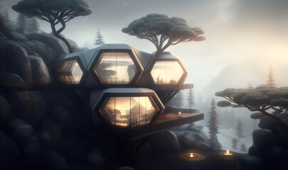 retro architectural home on side of cliff with trees, made with generative ai