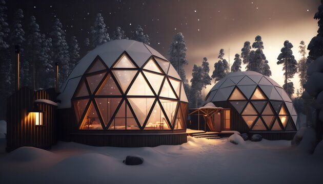 two geodesic domes in remote snow landscape, made with generative ai