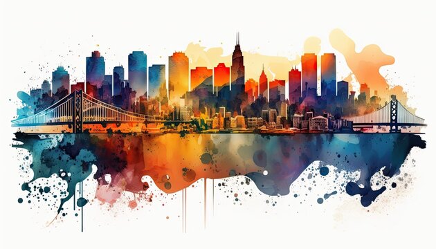 Beautiful Watercolor Urban San Francisco City Skyline | Generative AI