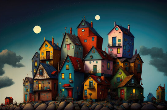 Colorfully painted shanty town shacks and haphazardly built settlement homes, improvised village on a hill, midnight moon sky, densely populated favela - generative AI.