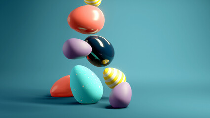 Falling decorated chocolate easter eggs. 3D illustration
