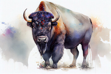 American bison or buffalo is a species of bison native to North America. Watercolor realistic illustration on a white background. Generative AI.