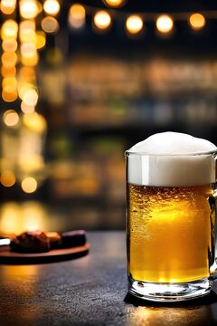 Glass of fresh cold golden draught beer. Background bar bokeh. Ai generative