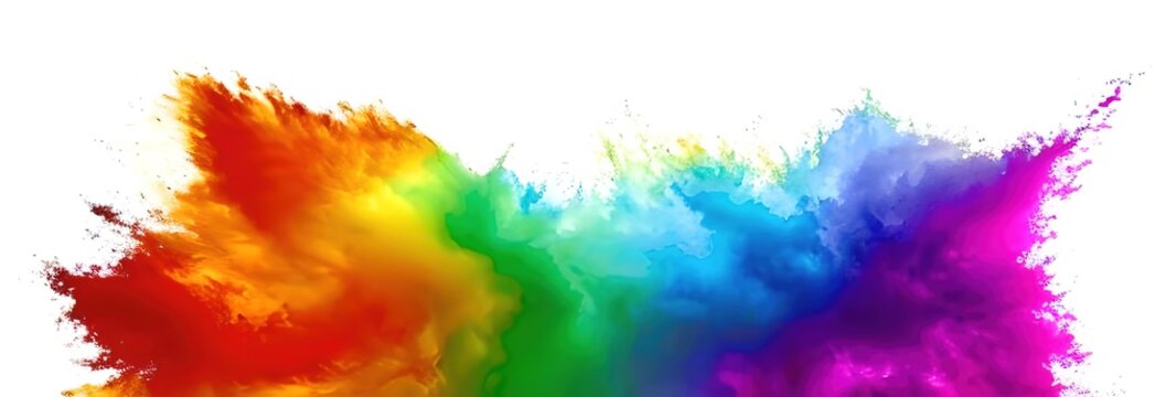 Color explosion. Colorful rainbow paint color explosion, copy space, isolated white wide panorama background. Ai generative