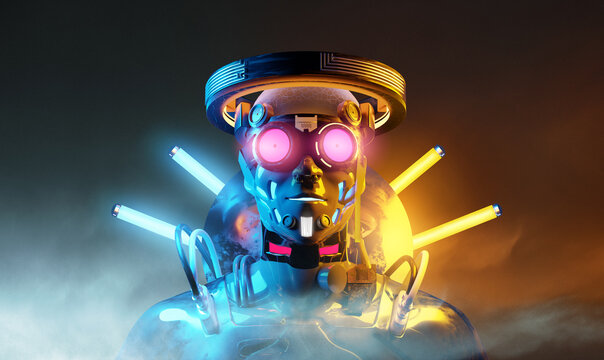 Fototapeta Cyber futuristic portrait of a human mixed with technology. and neon lights.  Creative 3D people illustration.