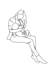 Continuous one line drawing of mom holding baby. Vector illustration.