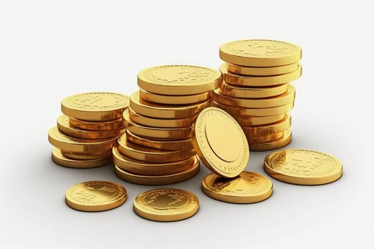 The gold coins are piled up against a white background. Generative AI