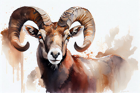 Portrait of a mouflon. Wild animal with large curled horns. Watercolor drawing on a white background. Generative AI.