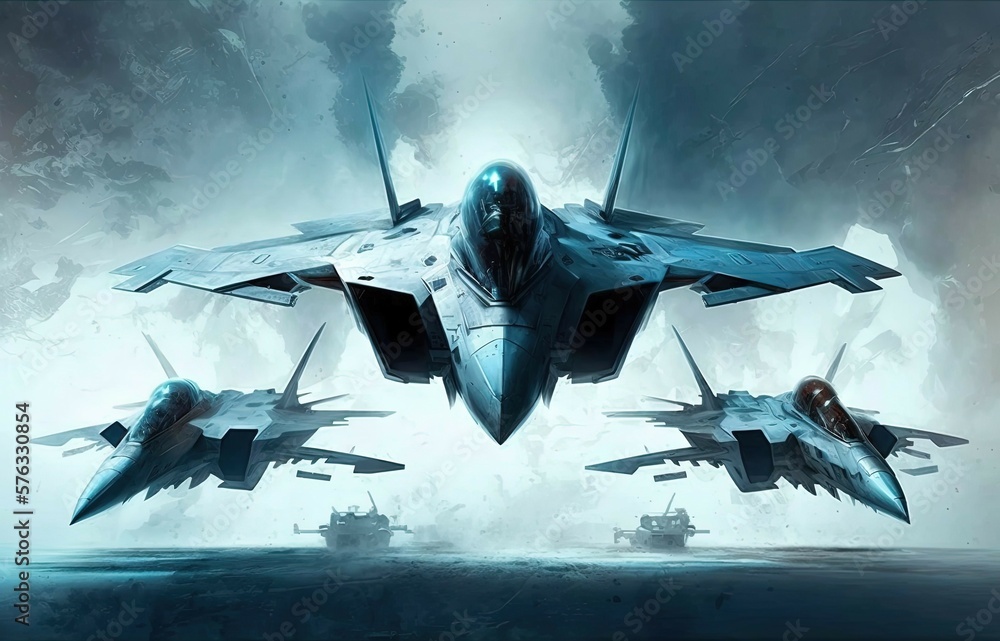 Poster there is a close flyover of three grey fighter planes using their afterburners. generative ai