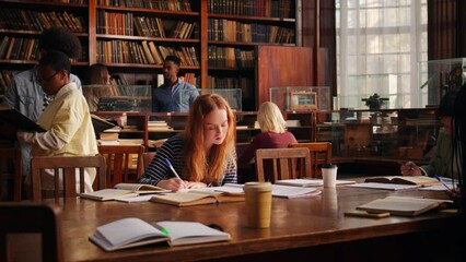 Students studying in university library.