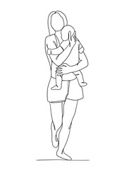 Continuous one line drawing of mom holding baby. Vector illustration.