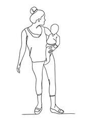 Fototapeta premium Continuous one line drawing of mom holding baby. Vector illustration.