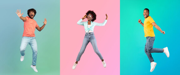 Crazy Sales. Group Of Happy Excited People Jumping Over Colorful Backgrounds