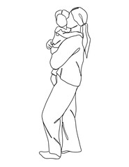 Continuous one line drawing of mom holding baby. Vector illustration.