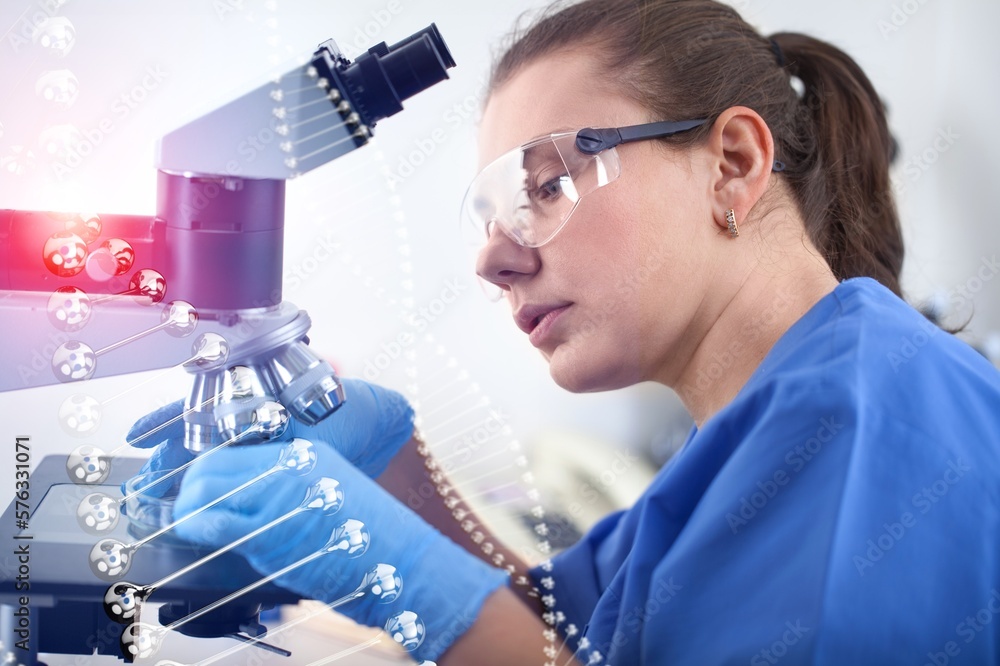 Poster research concept background with molecule dna and scientist
