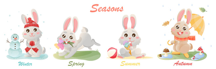 seasons weather set. Cartoon illustrations of winter, spring, summer, autumn. Cute rabbits in season scenes.