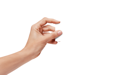 Woman's  hand showing credit card, or card, or business card or voucher, isolated on white background, template, mock-up