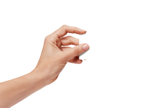 Woman's  hand showing credit card, or card, or business card or voucher, isolated on white background, template, mock-up