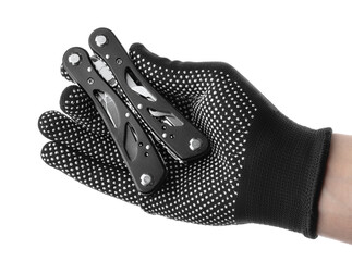 Steel multitool isolated on white background. Opened multitool with pliers, file, blade,...